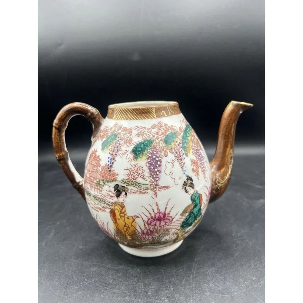 Antique Japanese Kutani Moriage Porcelain Tea Coffee Pitcher Meiji Gilt Decor